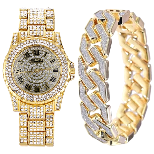 Top On Sale Product Recommendations! Iced Out Watch + Bracelet for Women Bling Miami Cuban Chain Simple Women Watches Luxury Gold Watch Set Fashion Jewelry Relojes