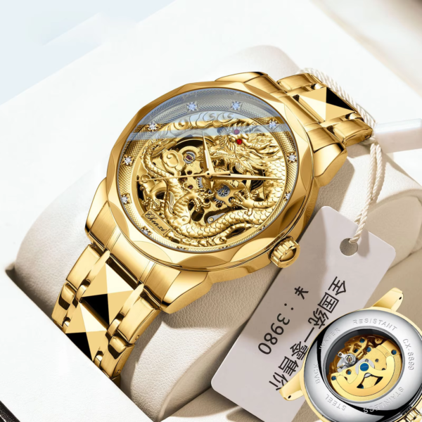 Top On Sale Product Recommendations! Luxury Gold Mechanical Watch Men Unique Dragon Patern Dial Golden Stainless Steel Strap Automatic Men's Wathces Wedding Gift