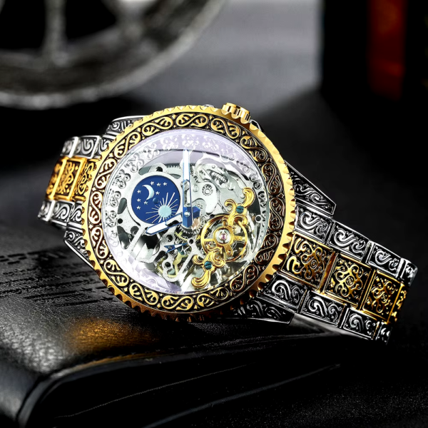 Top On Sale Product Recommendations! Forsining Luxury Gold Skeleton Mechanical Watches Moon Phase Retro Engraved Luminous Tourbillon Automatic Mens Watch Steel Strap