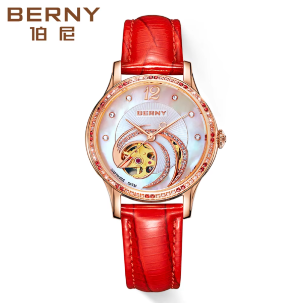 Top On Sale Product Recommendations! BERNY Automatic Watch Women Skeleton Miyota Luxury Gold Watch Sapphire Leather Strap Waterproof Self-winding Mechanical Watch