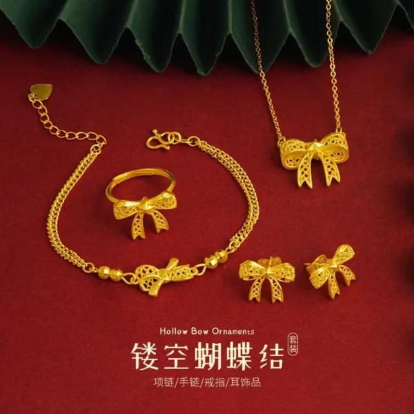 Top On Sale Product Recommendations! Chinese Trendy Antique Hollow Bow Bracelet Ring Temperament Necklace Chain Earrings 100% 24K Real Gold-plated Simple Jewelry Set