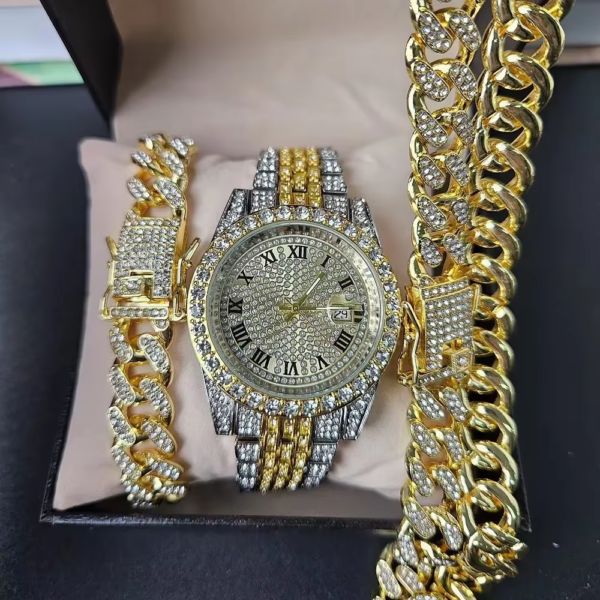 Top On Sale Product Recommendations! 2024 Hot Selling Men Watch 3 PCS Set Hips Hops Cuban Chain Bracelet Big Gold Chains Choker Bling Necklace Full Iced Out Jewelry