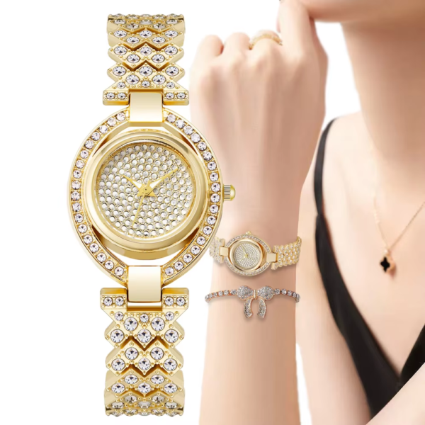 Top On Sale Product Recommendations! Luxury Brands Women Quartz Watches Full Diamond Encrusted Creative Design Fashion Gold Alloy Stainless Steel Strap Ladies Watch